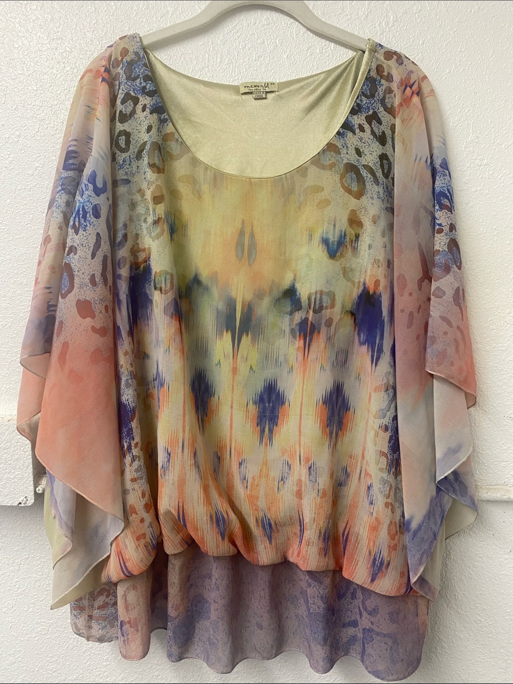 ONE WORLD -3X- Pastel Watercolor Animal-Print Chiffon Blouse - elastic waist